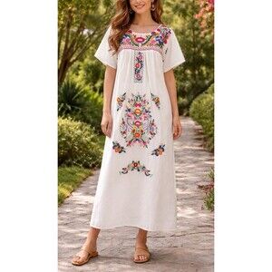 Vintage 70s Mexican Dress Embroidered Cotton Maxi Boho Floral Hippie Wedding XL